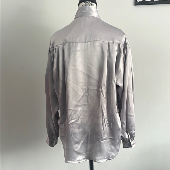 80s Gray Satin Blouse with High Collar and pearls rhinestones details - Picture 4 of 5
